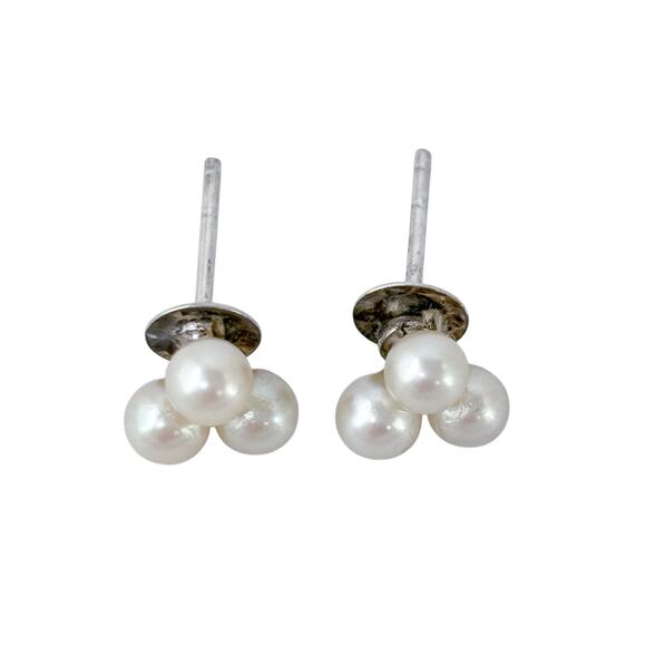 Estate Sterling Silver 925 Triplet Pearl Stud Earrings - Picture 4 of 9